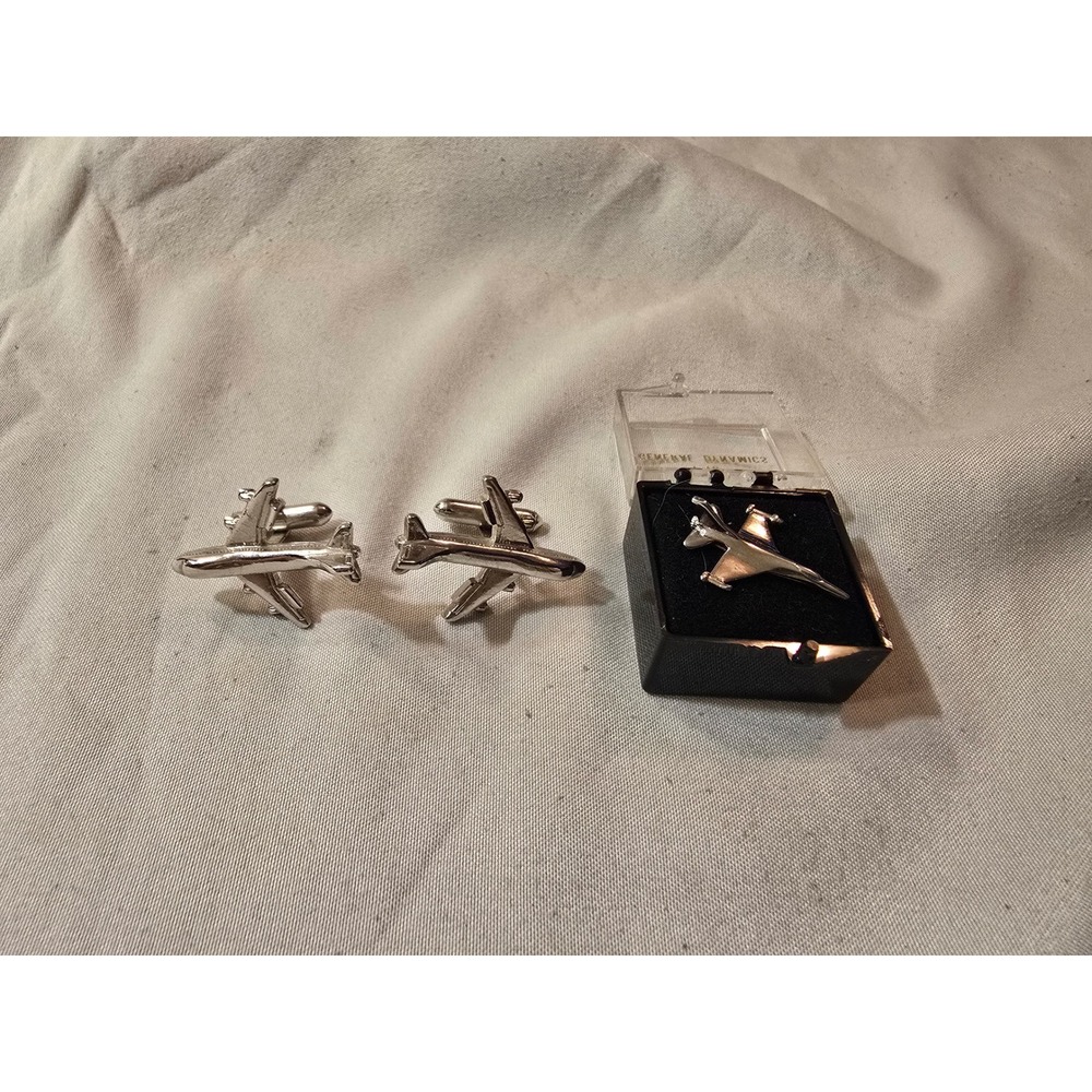 Vintage General Dynamics F-16 Fighting Falcon Cufflinks and Lapel Pin Set Silver